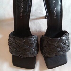 Women's new black Marc Fisher high heel slip on sandals, size 6M.